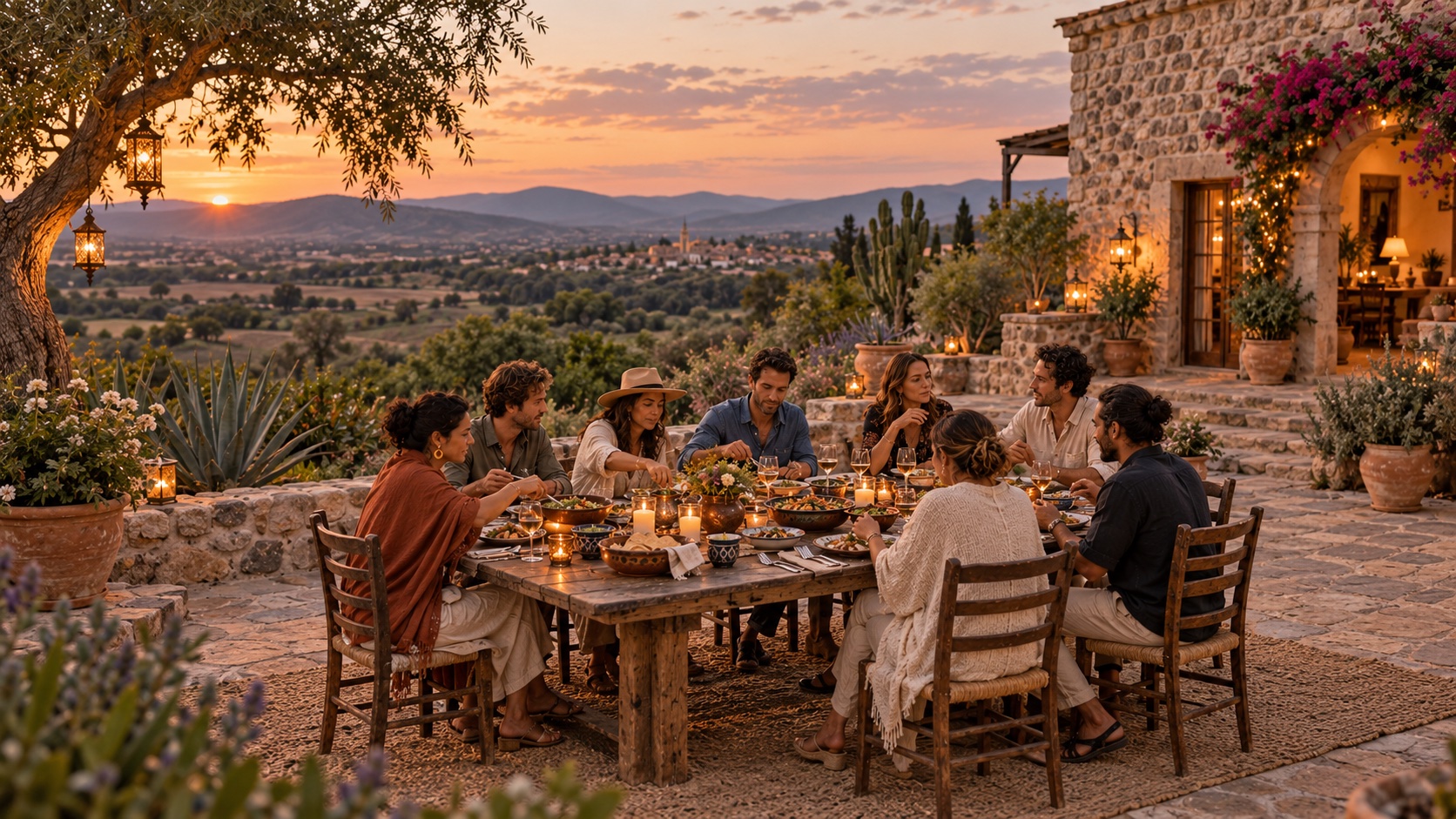 Retreat guests sharing dinner at a long outdoor table