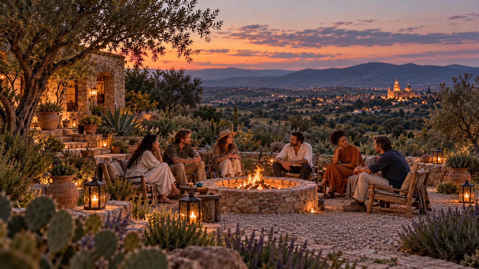 Guests socializing around a stone firepit at dusk