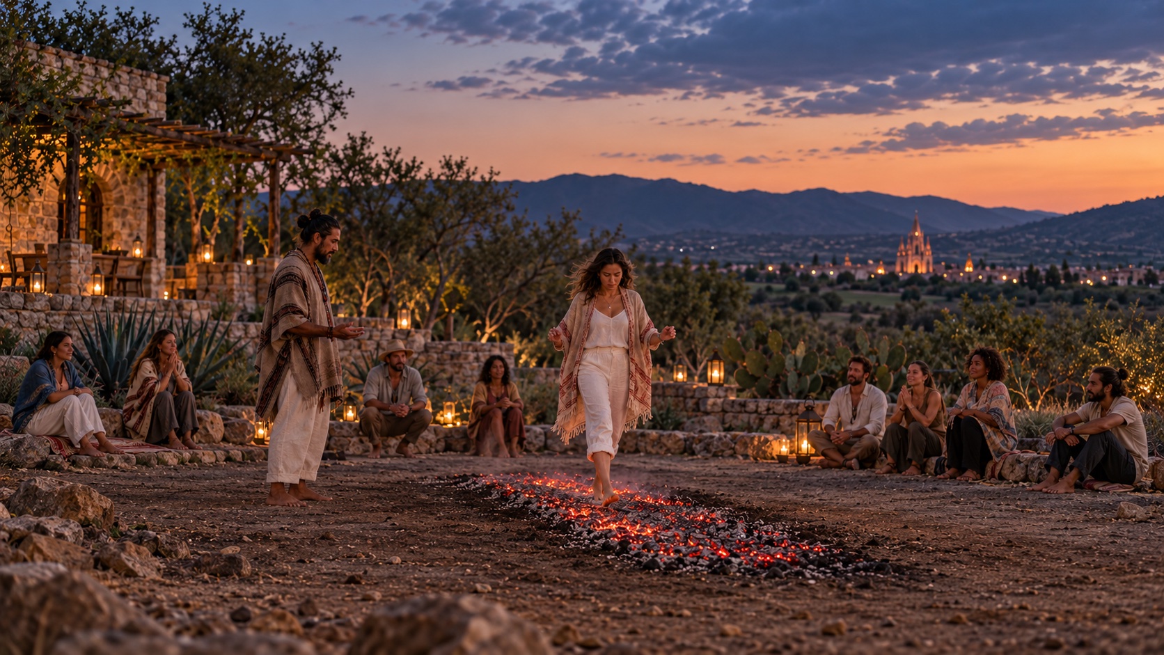 A guest taking part in a facilitated firewalking session