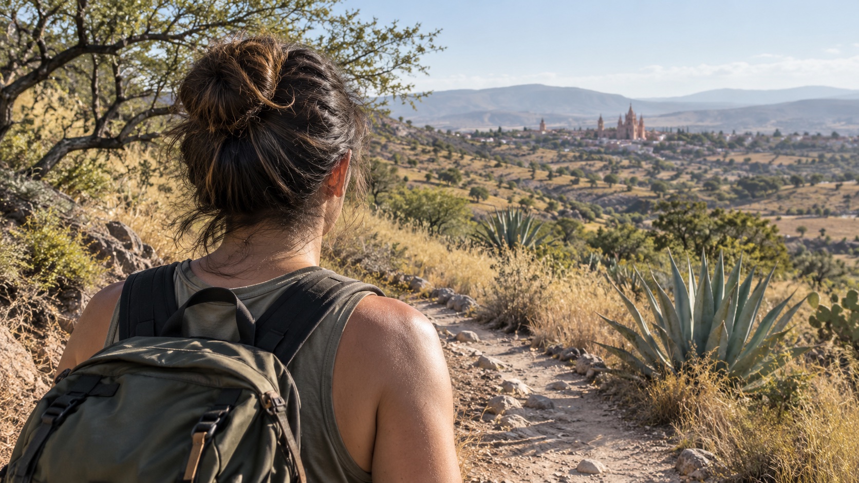 A retreat guest seen from behind hiking in the San Miguel de Allende countryside
