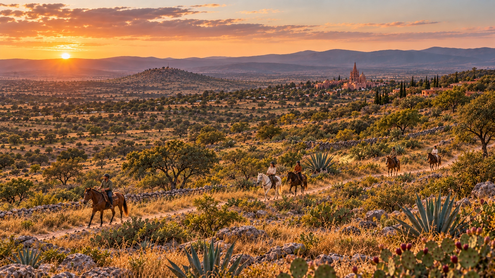 Guests riding horses through the golden countryside