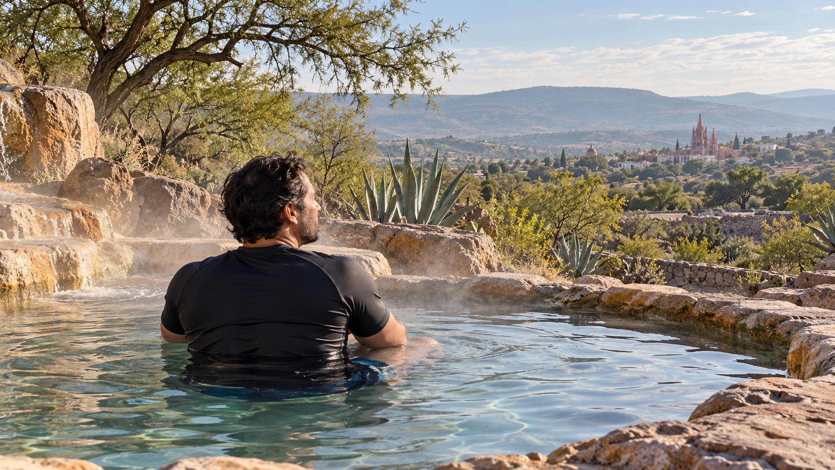 A retreat guest relaxing in a countryside mineral hot spring