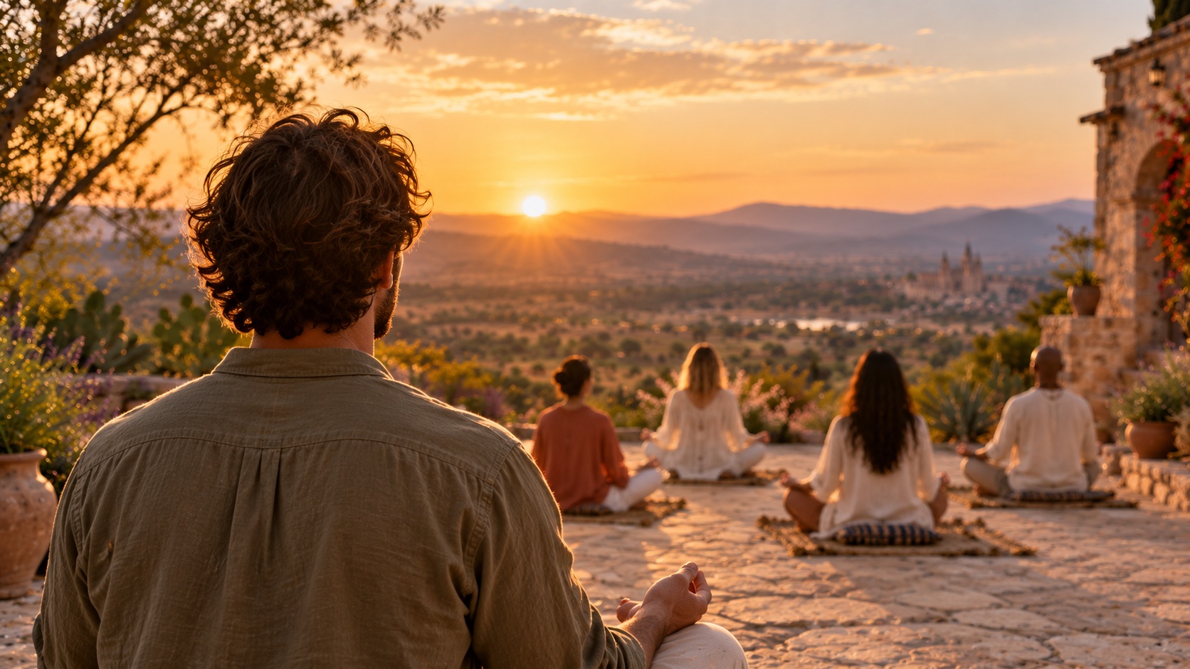 Guests meditating outdoors at sunrise in the San Miguel de Allende countryside