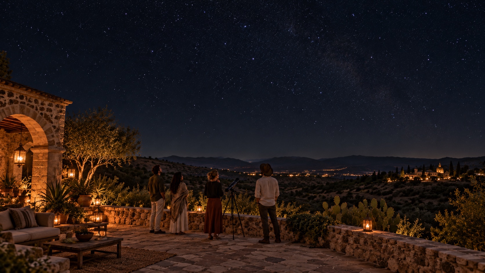 Retreat guests looking at the stars beside a telescope